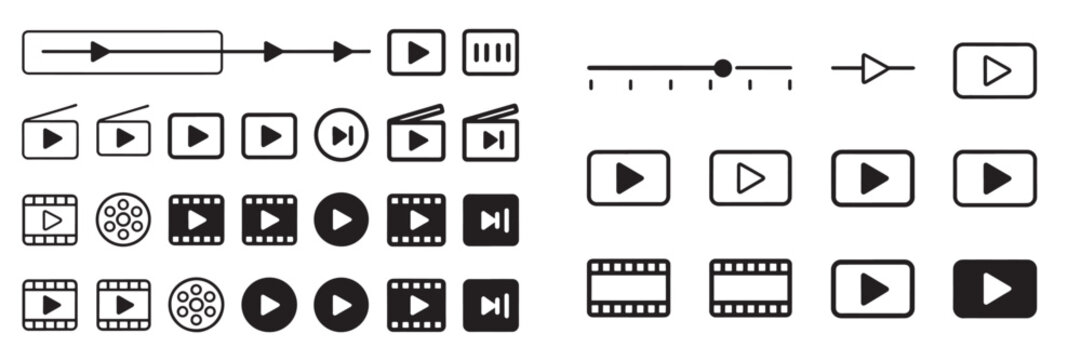 Vector media player icon set with play buttons film strips and timeline sliders for video interface design