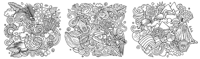 Fototapeta premium Costa Rica cartoon vector doodle designs set. Line art detailed compositions with lot of Costa Rican objects and symbols. Authentic local cultures illustration