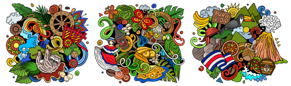 Costa Rica cartoon vector doodle designs set. Colorful detailed compositions with lot of Costa Rican objects and symbols. Authentic local cultures illustration