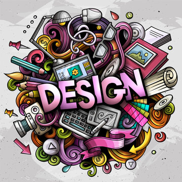 Design text doodle vector illustration. Cartoon hand drawn colorful objects, symbols and elements about design profession background