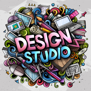 Design Studio text doodle vector illustration. Cartoon hand drawn colorful objects, symbols and elements about design profession background