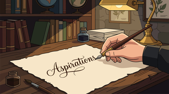 Hand writing the word Aspirations with a fountain pen on vintage paper.