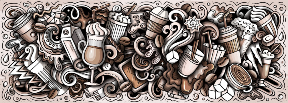 Vector doodle illustration of iced latte and cold coffee drinks with cups, beans, ice, milk, and cafe elements. 