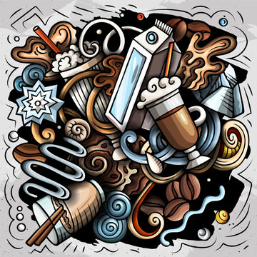 Vector doodle illustration of iced latte and cold coffee drinks with cups, beans, ice, milk, and cafe elements. Perfect for coffee shops, summer beverages, menus, packaging, and advertising