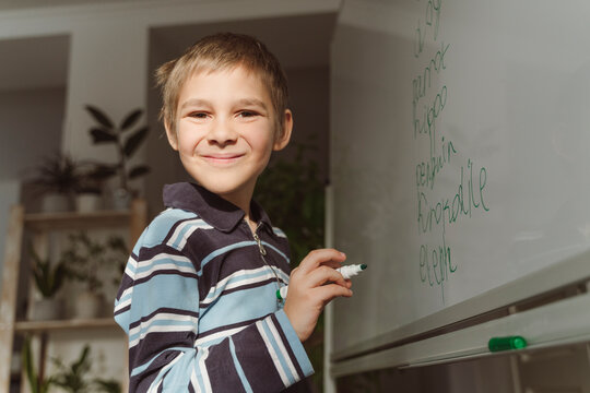 Smiling boy with felt tip pen by whiteboard at home
