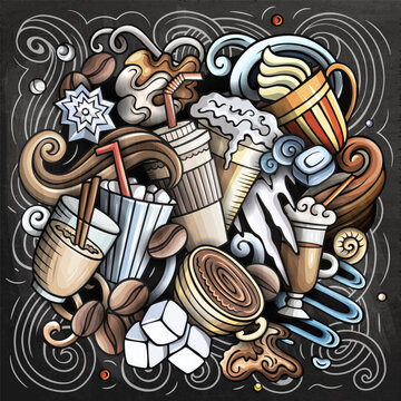 Vector doodle illustration of iced latte and cold coffee drinks with cups, beans, ice, milk, and cafe elements. Perfect for coffee shops, summer beverages, menus, packaging, and advertising