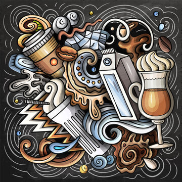 Vector doodle illustration of iced latte and cold coffee drinks with cups, beans, ice, milk, and cafe elements. Perfect for coffee shops, summer beverages, menus, packaging, and advertising