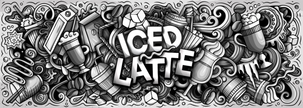 Vector doodle illustration of iced latte and cold coffee drinks with cups, beans, ice, milk, and cafe elements. Ideal for coffee shops, summer drinks, packaging, menus, and branding projects