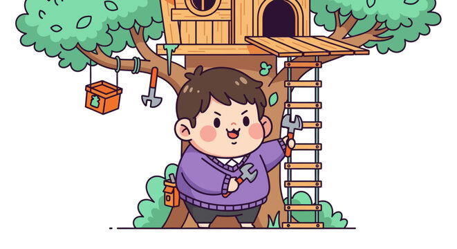 Happy cartoon boy sitting in a colorful treehouse outdoors.