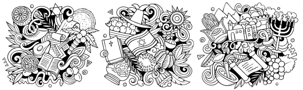 Israel cartoon vector doodle designs set. Line art detailed compositions with lot of Israeli objects and symbols. Authentic local cultures illustration