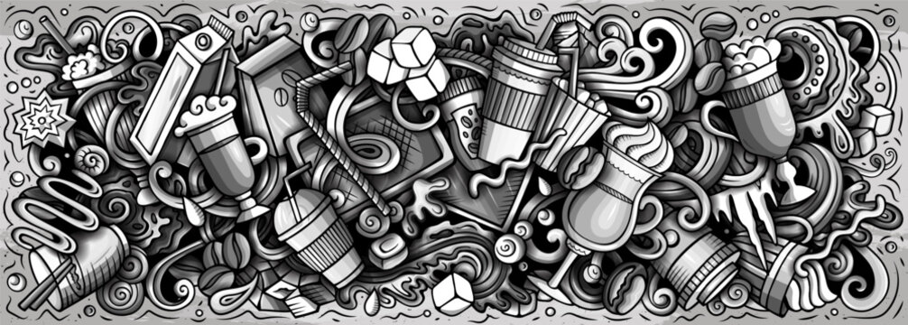 Vector doodle illustration of iced latte and cold coffee drinks with cups, beans, ice, milk, and cafe elements. 