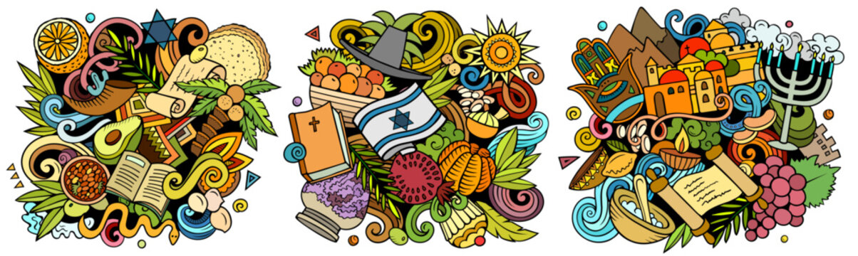 Israel cartoon vector doodle designs set. Colorful detailed compositions with lot of Israeli objects and symbols. Authentic local cultures illustration