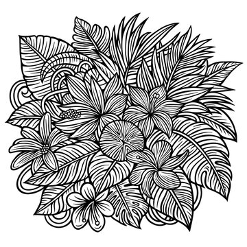 Line art tropical leaves illustration in a lush doodle style, featuring monstera and palm foliage arranged in a dense jungle coloring page