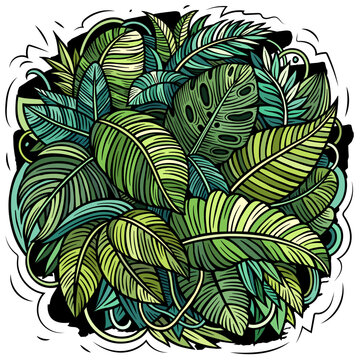 Vibrant tropical leaves illustration in a lush doodle style, featuring monstera and palm foliage arranged in a dense jungle composition isolated on white background.
