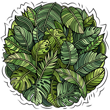 Vibrant tropical leaves illustration in a lush doodle style, featuring monstera and palm foliage arranged in a dense jungle composition isolated on white background.