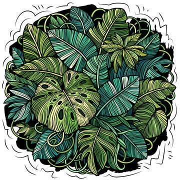 Vibrant tropical leaves illustration in a lush doodle style, featuring monstera and palm foliage arranged in a dense jungle composition isolated on white background.