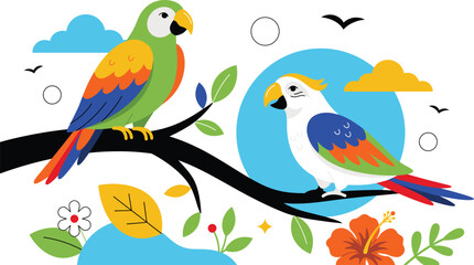 Flat Style Tropical Parrot Illustration featuring Macaw and Cockatoo Perched on Tree Branches with Hibiscus Flowers and Clouds Backdrop © Ismail
