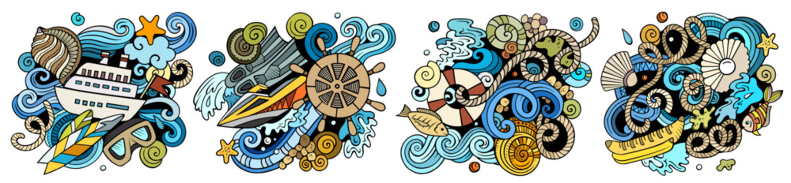 Marine cartoon vector doodle designs set. Colorful detailed compositions with lot of maritime objects and symbols. Isolated on white illustrations