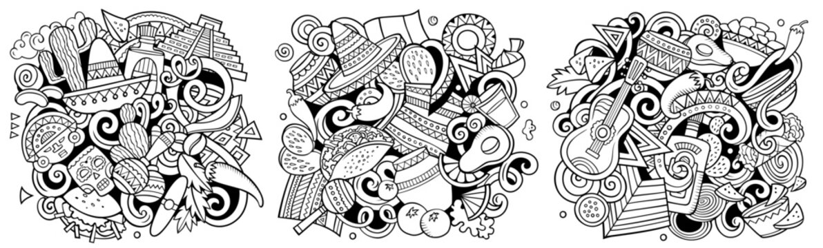 Mexico cartoon vector doodle designs set. Line art detailed compositions with lot of Mexican objects and symbols. Authentic local cultures illustration