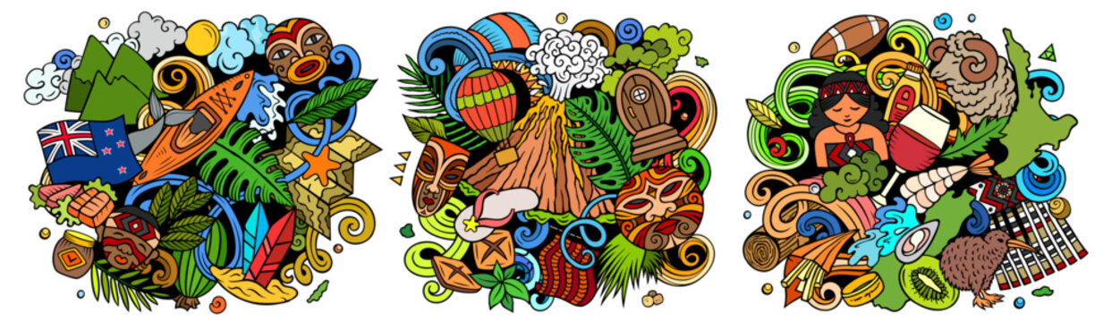 New Zealand cartoon vector doodle designs set. Colorful detailed compositions with lot of traditional symbols. Authentic local cultures illustration