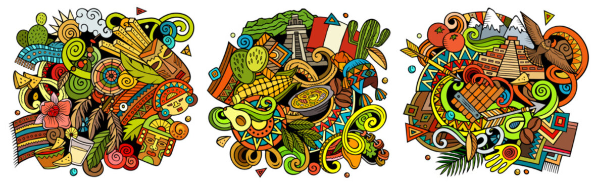 Peru cartoon vector doodle designs set. Colorful detailed compositions with lot of Peruvian objects and symbols. Authentic local cultures illustration