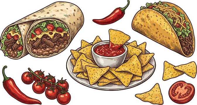 Vintage Hand Drawn Mexican Food Vector Set with Beef Burrito Crunchy Taco Nachos Salsa Dip and Chili Pepper Elements