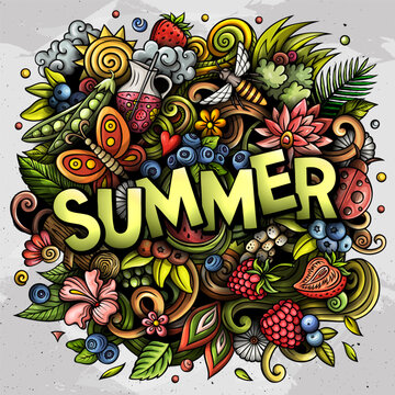 Summer nature hand drawn cartoon doodle illustration. Funny seasonal design. Creative vector background. Handwritten text with summertime elements and objects. Colorful composition