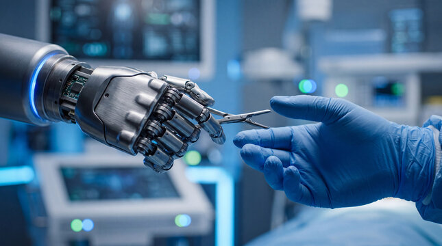 Advanced surgical robot arm interacts with human hand, showcasing integration of technology in medicine. scene highlights precision and innovation in healthcare