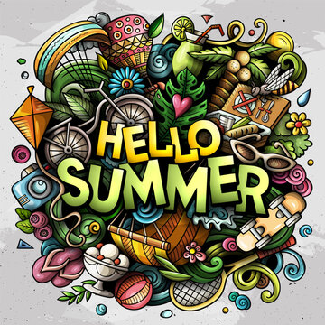 Summer hand drawn cartoon doodle illustration. Funny seasonal design. Creative art vector background. Handwritten text with summertime elements and objects. Colorful composition
