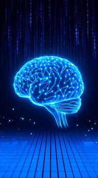 Glowing Blue Brain Surrounded by Binary Code in a Futuristic Digital Environment