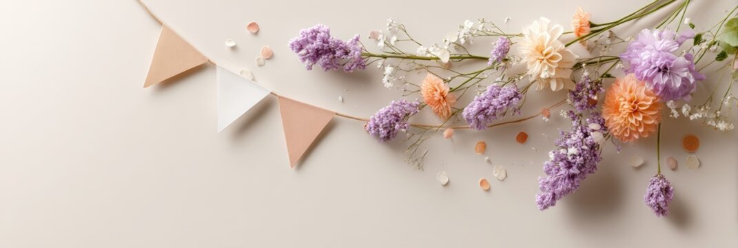 Delicate pastel floral garland with bunting for email header background and spring banner design with diagonal composition and light confetti accents