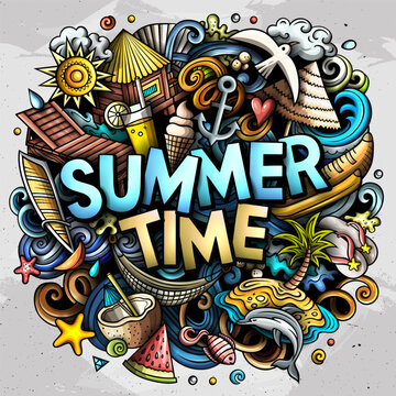 Bright summer time doodle lettering illustration. Colorful hand drawn vector cartoon background with lots of tropical beach vacation symbols and objects