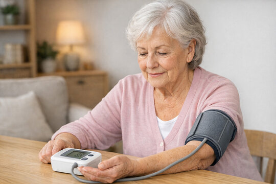 A mature woman taking her own blood pressure in a cozy living room setting.