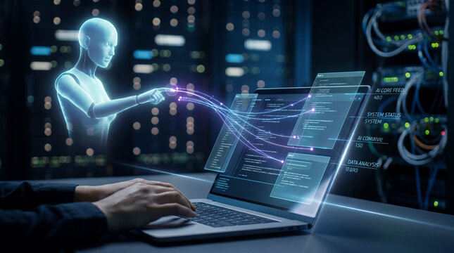Futuristic holographic figure interacts with laptop, displaying data and code.AI agent analyzing data beside screen, highlighting integration of artificial intelligence