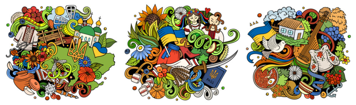 Ukraine cartoon vector doodle designs set. Colorful detailed compositions with lot of ukrainian objects and symbols. Isolated on white illustrations