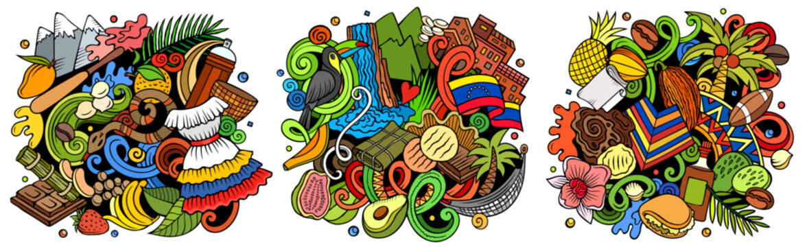 Venezuela cartoon vector doodle designs set. Colorful detailed compositions with lot of traditional symbols. Authentic local cultures illustration