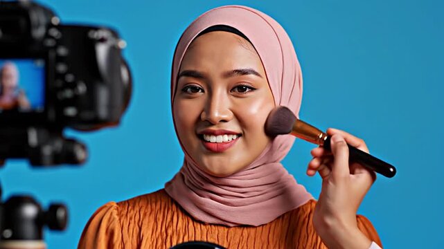 Young Muslim woman vlogging a beauty tutorial, applying makeup in front of a camera. Perfect for content creation, influencer marketing, social media, beauty tips, and online education.
