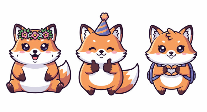 Cute cartoon foxes wearing party hats and bows.