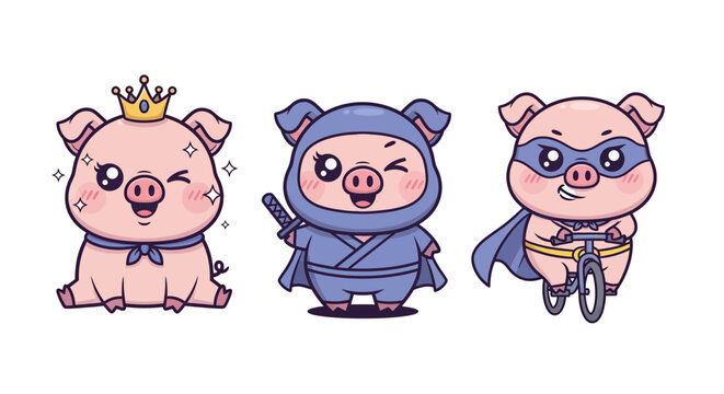 Cartoon pigs in royal ninja and superhero costumes.