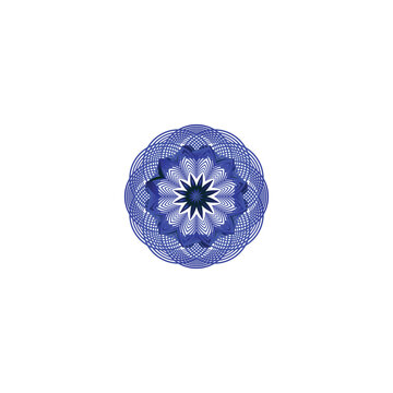 A detailed blue guilloche pattern with intricate lines and radial symmetry, creating a decorative and secure design element often found on official documents.