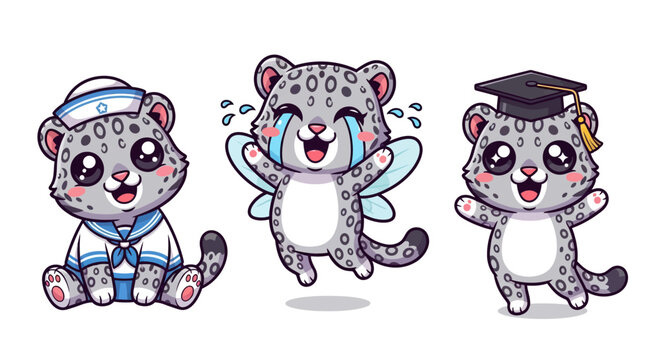 Cute Cartoon Snow Leopard Characters in Different Outfits.