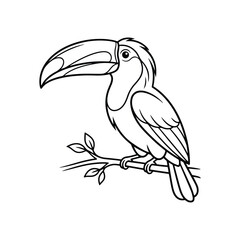 Obraz premium A black and white line drawing of a parrot sitting on a tree branch with leaves