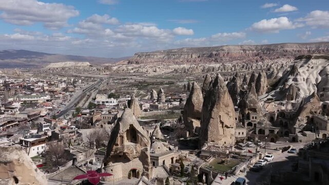 Drone view of G&ouml;reme, a historic town in Cappadocia famous for its fairy chimneys, cave houses and unique volcanic landscape.