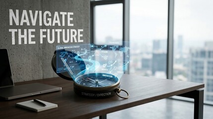 Obraz premium A compass projecting a futuristic holographic display with global data and navigation routes, symbolizing strategic planning and future direction