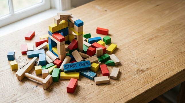 A colorful assortment of wooden building blocks, some stacked in a tower and others scattered, with a blue block reading 'START OVER' placed prominently
