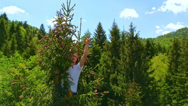 A man stands in a lush forest, finding balance and meditating amidst towering trees. The serene environment offers a perfect setting for relaxation exercises and a zen-like connection with nature.