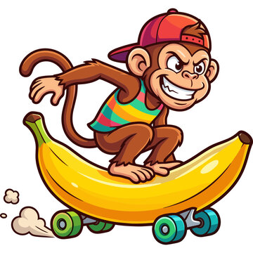 A monkey rides a banana on a skateboard with a happy expression.