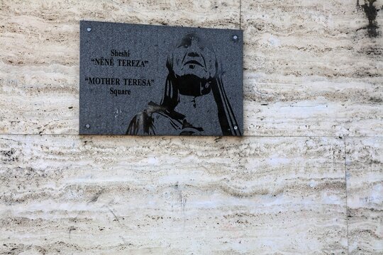 TIRANA, ALBANIA - JULY 12, 2025: Mother Teresa square memorial plaque in Tirana, Albania.
