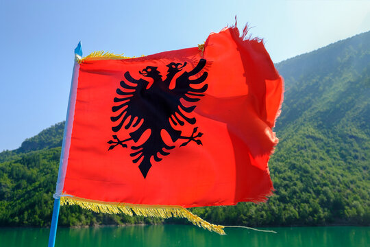 Albania, Shkoder, Koman Lake, Albanian Flag