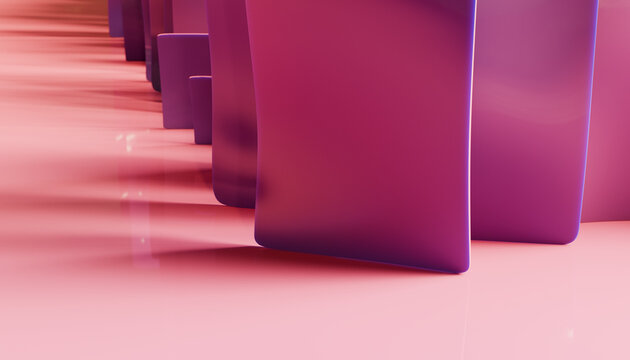 Abstract 3d rendering of purple blocks in a row on pink background